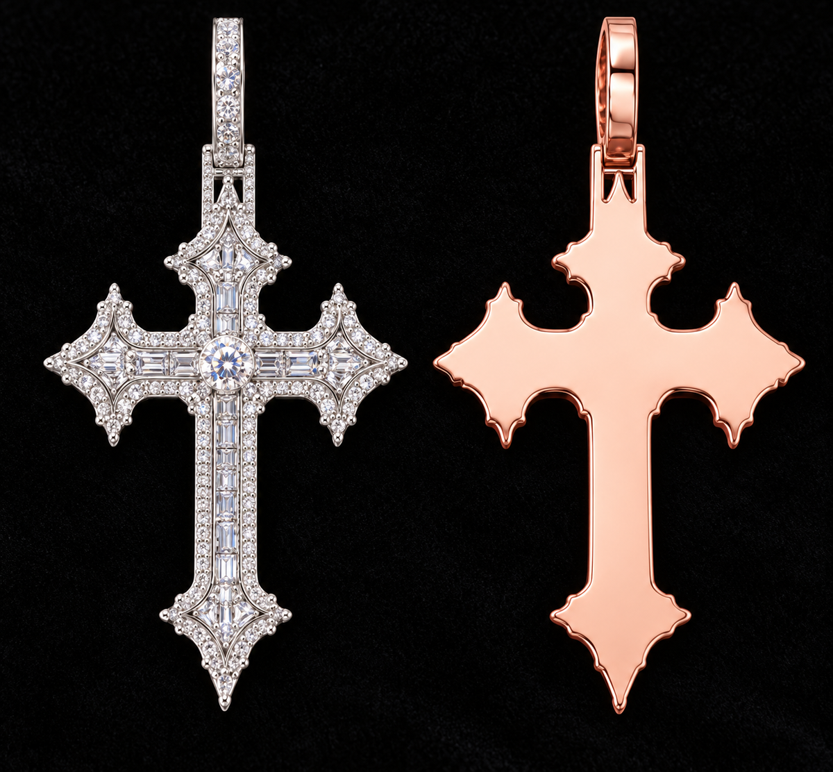 Floral Point Cross Moissanite Pendant on a black velvet background