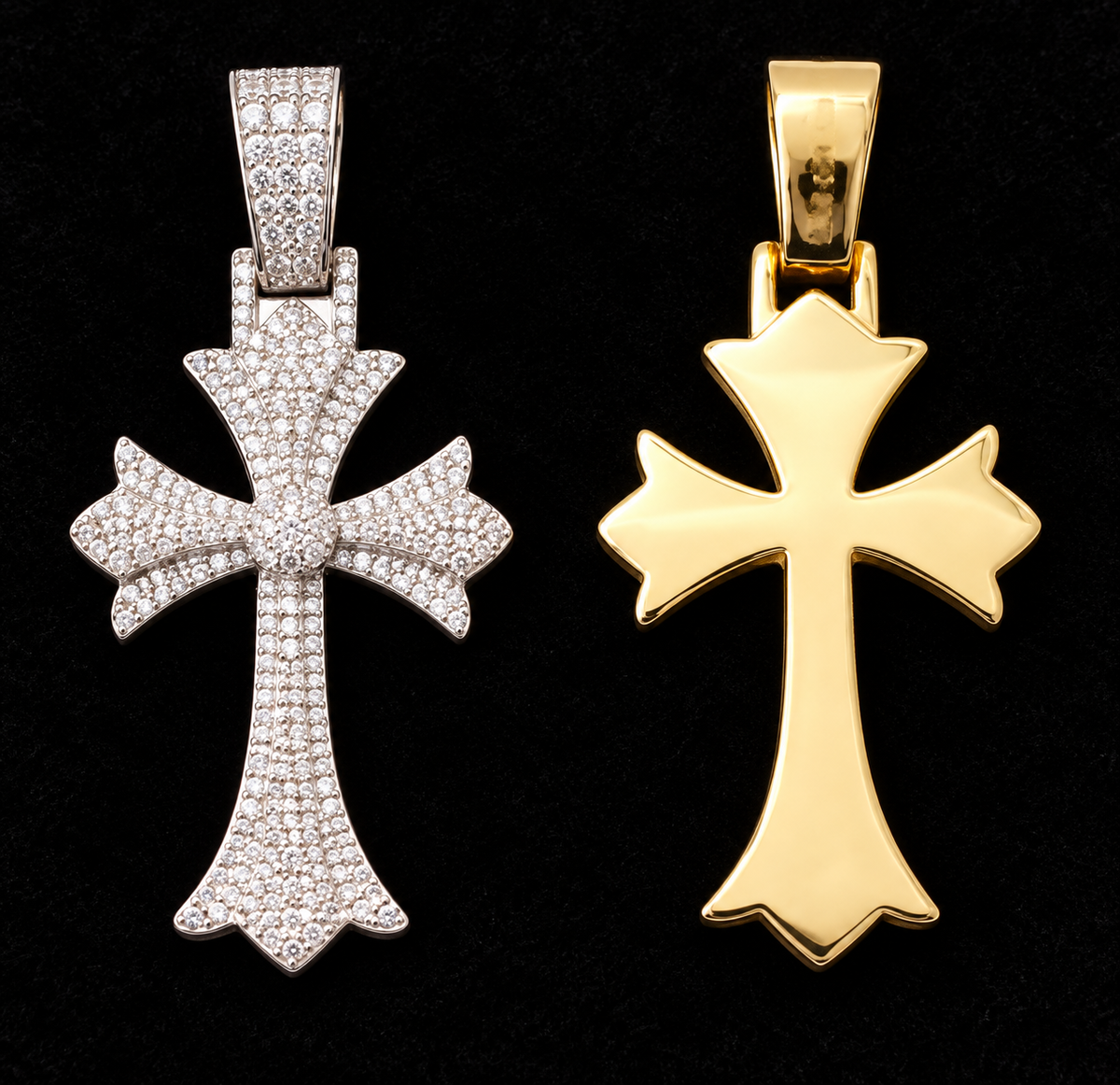 Flared Arm Cross Moissanite Pendant on a black velvet background