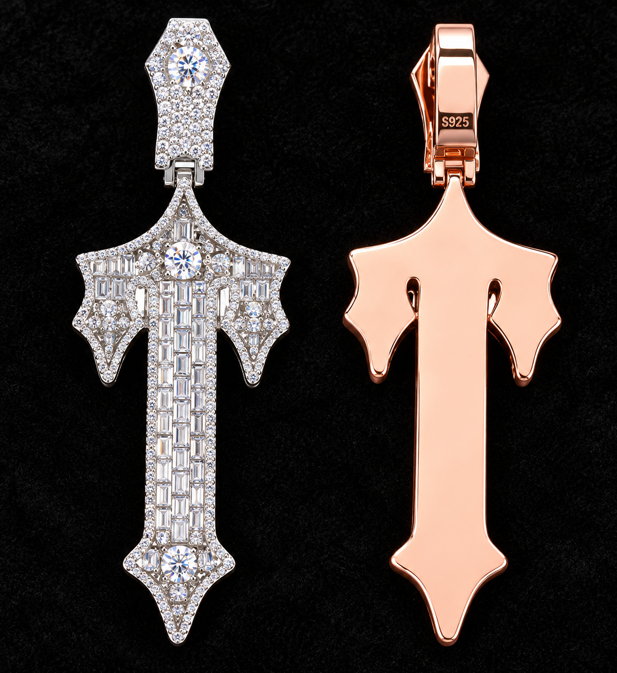 Sword-Profile Cross Moissanite Pendant on black velvet with clear stone detail