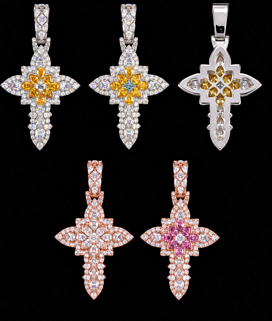 Floral Center Cross Pendant on black velvet with clear stone detail