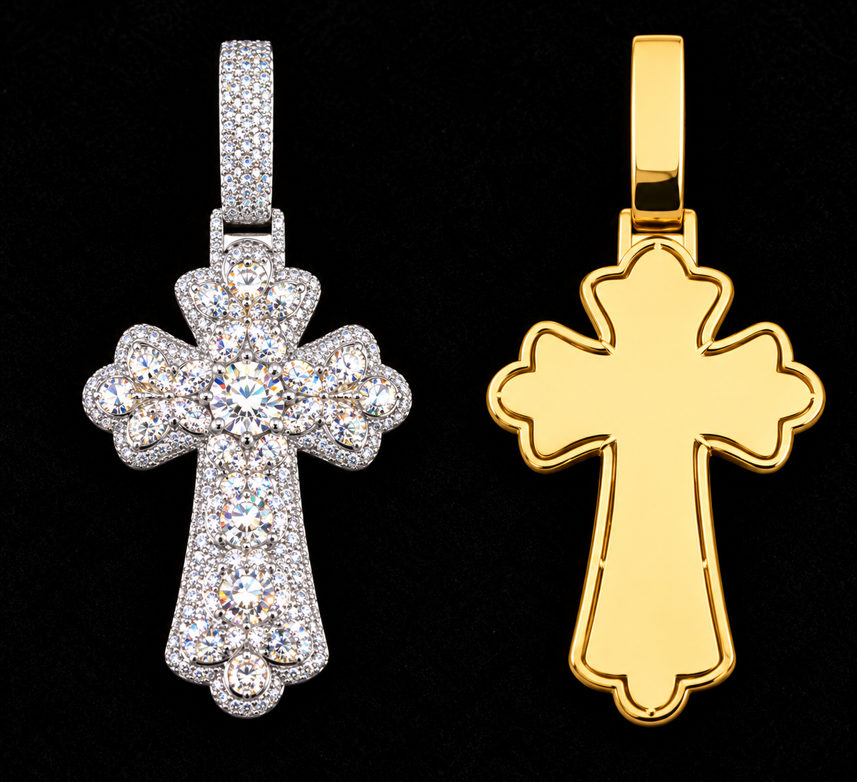 Flared Floral Cross Moissanite Pendant on black velvet with clear stone detail