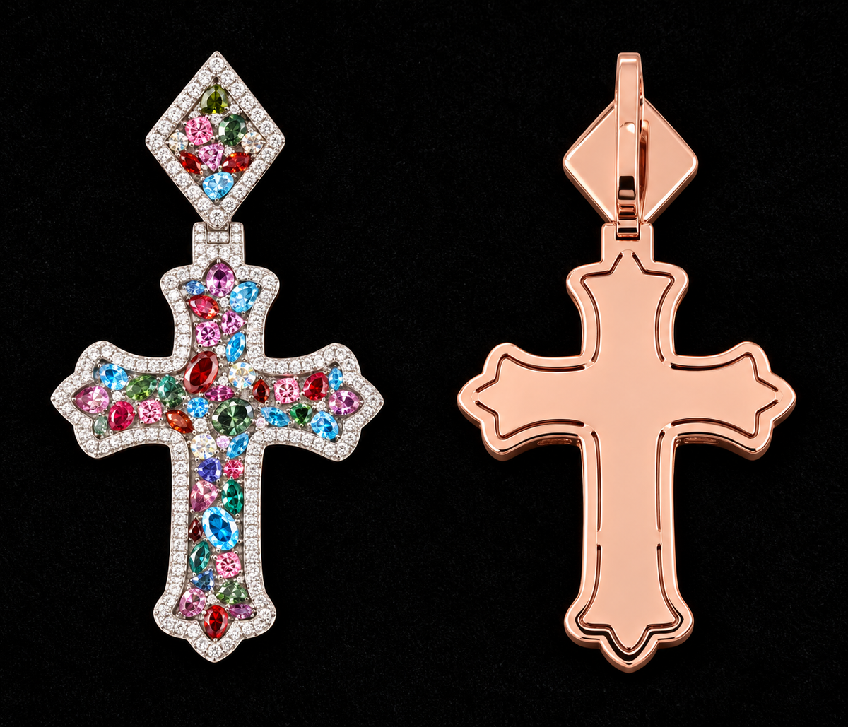 Multicolor Flared Cross Moissanite Pendant on black velvet with clear stone detail