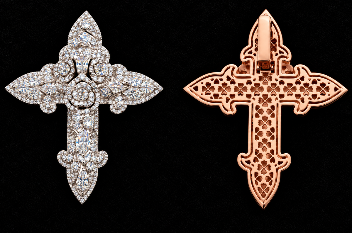 Sculpted Petal Cross Moissanite Pendant on black velvet with clear stone detail
