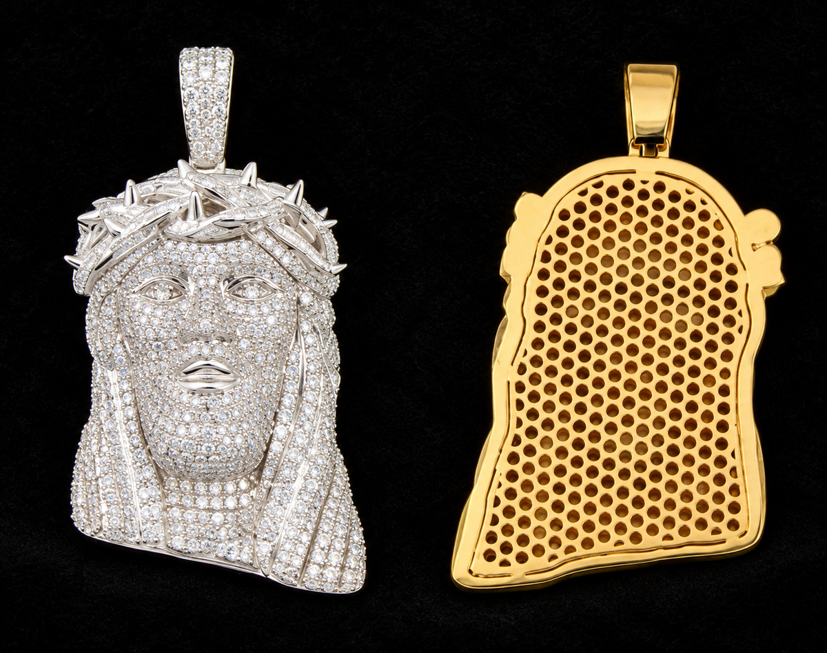 Sculpted Crown Jesus Moissanite Pendant on a black velvet background