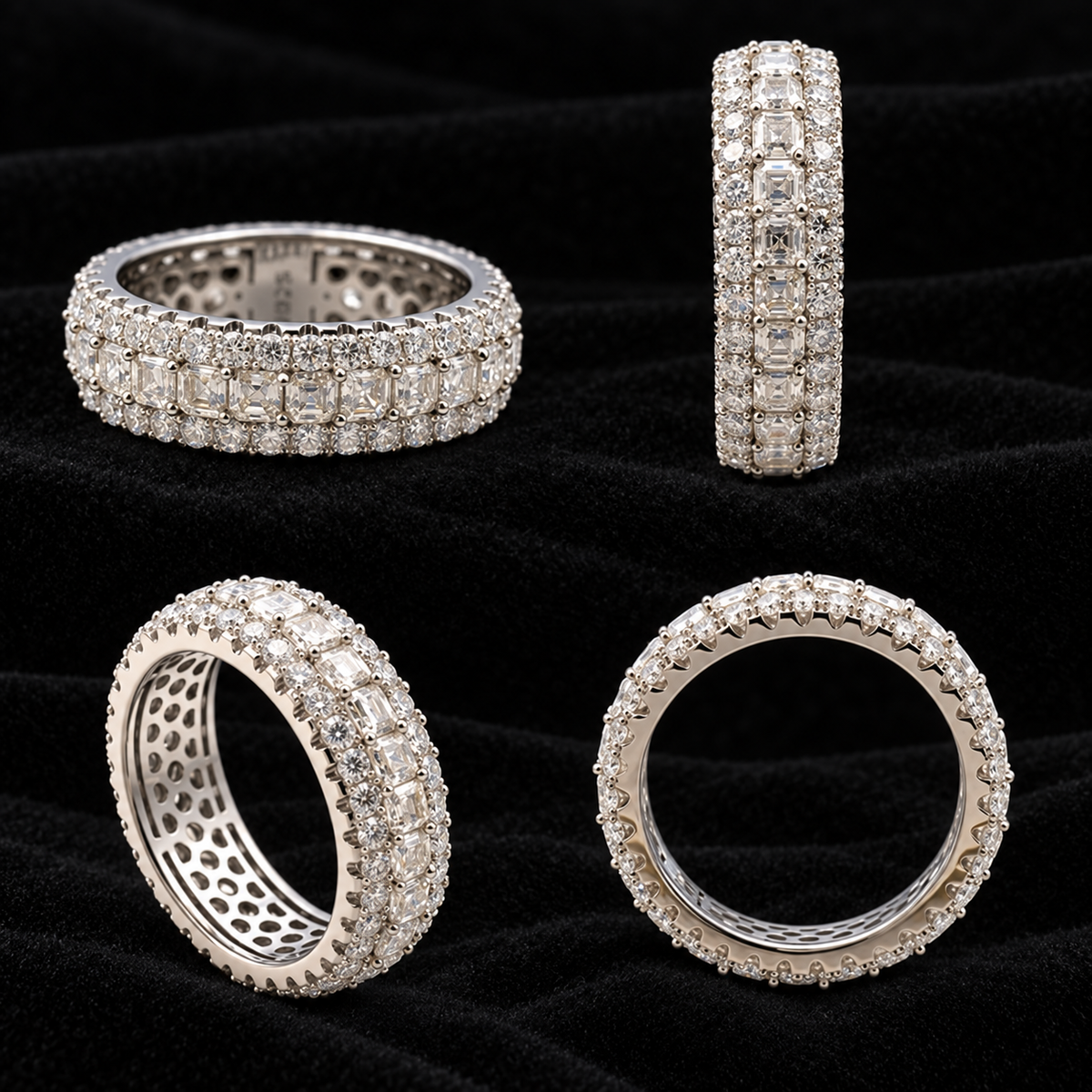 Slim Cluster Moissanite Band, four views on black velvet