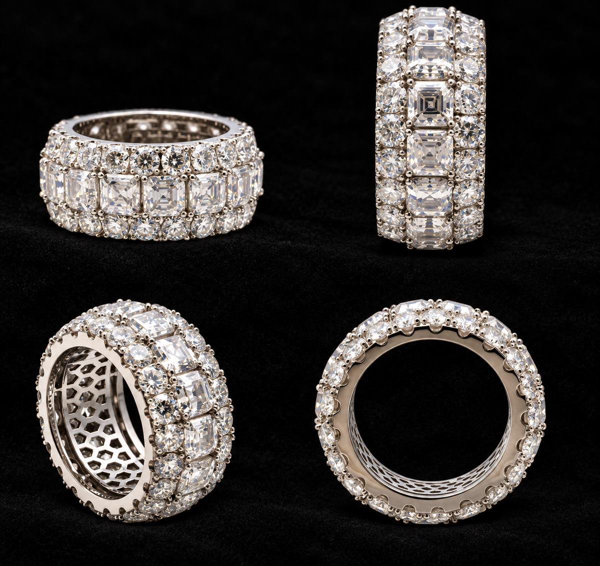 Wide Cluster Moissanite Band on black velvet, showing the original product views