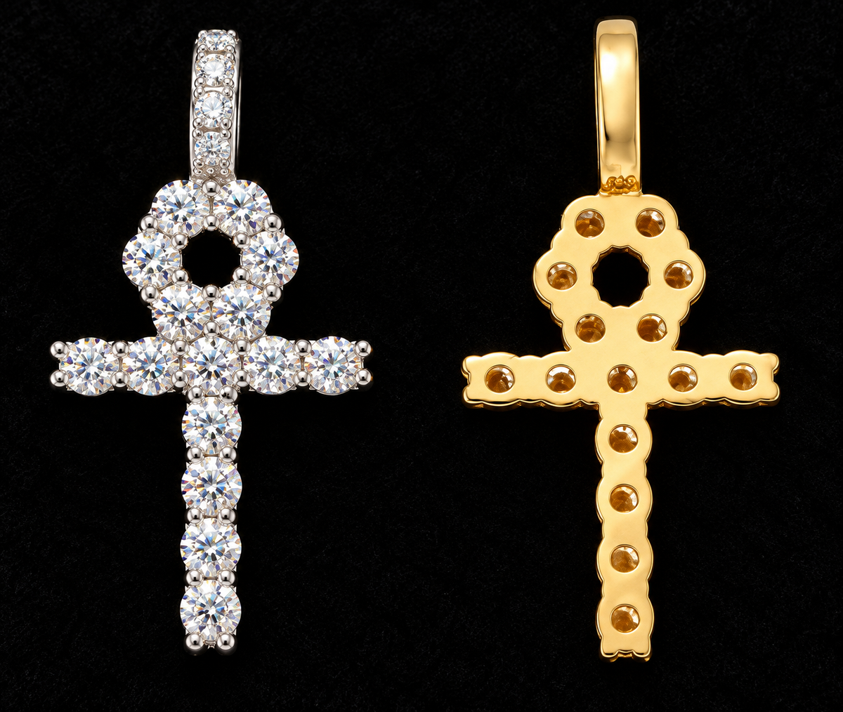 Cluster Crown Cross Moissanite Pendant on black velvet with clear stone detail