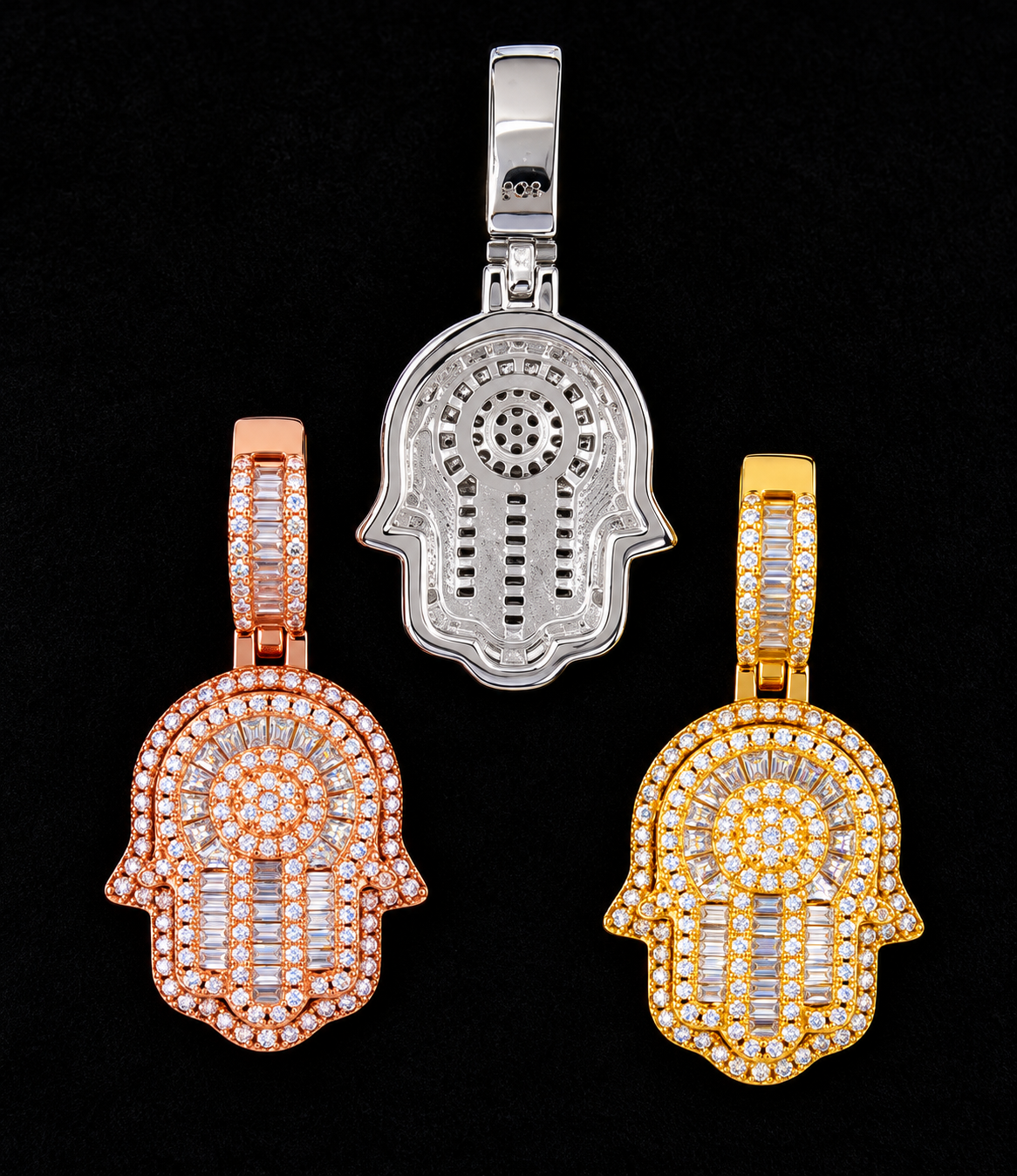 Concentric Hamsa Moissanite Pendant on black velvet with clear stone detail