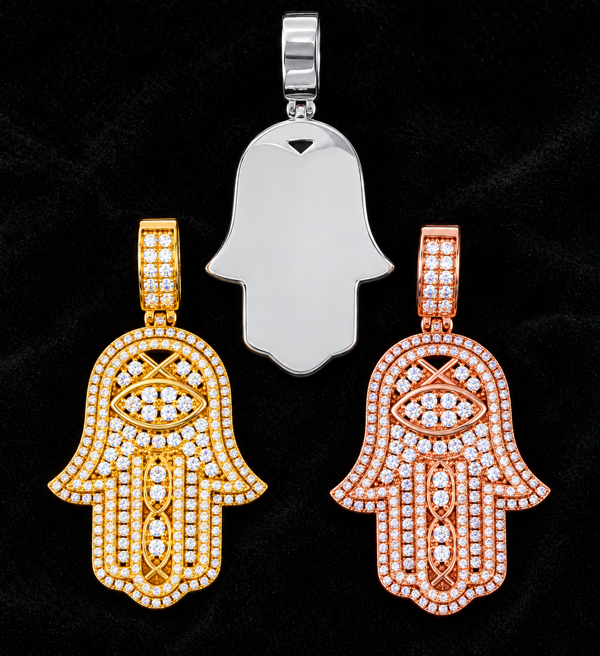 Eye Hamsa Moissanite Pendant on black velvet with clear stone detail