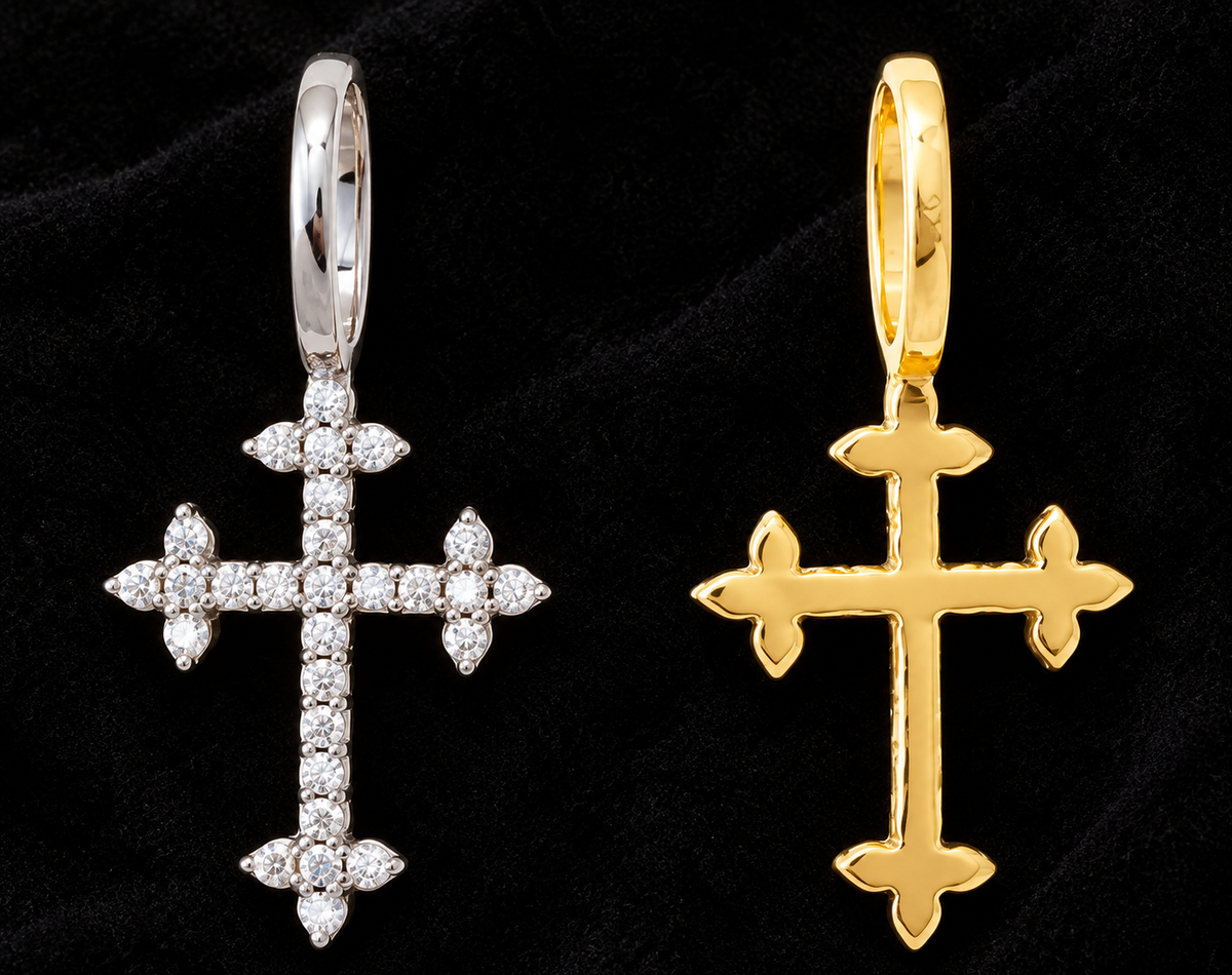 Pointed-Tip Cross Moissanite Pendant, front and back views on black velvet