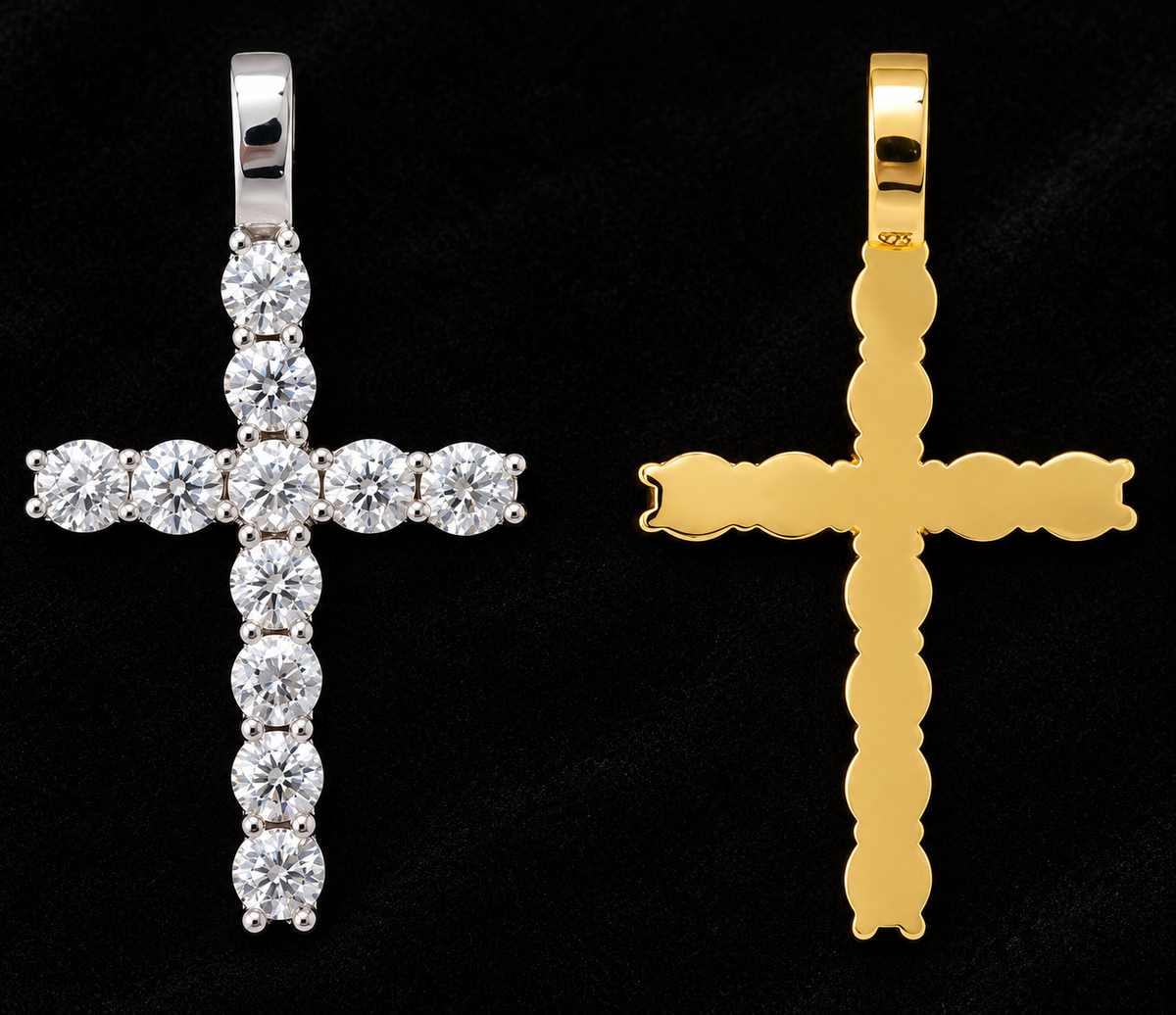Round-Setting Cross Moissanite Pendant, front and back views on black velvet