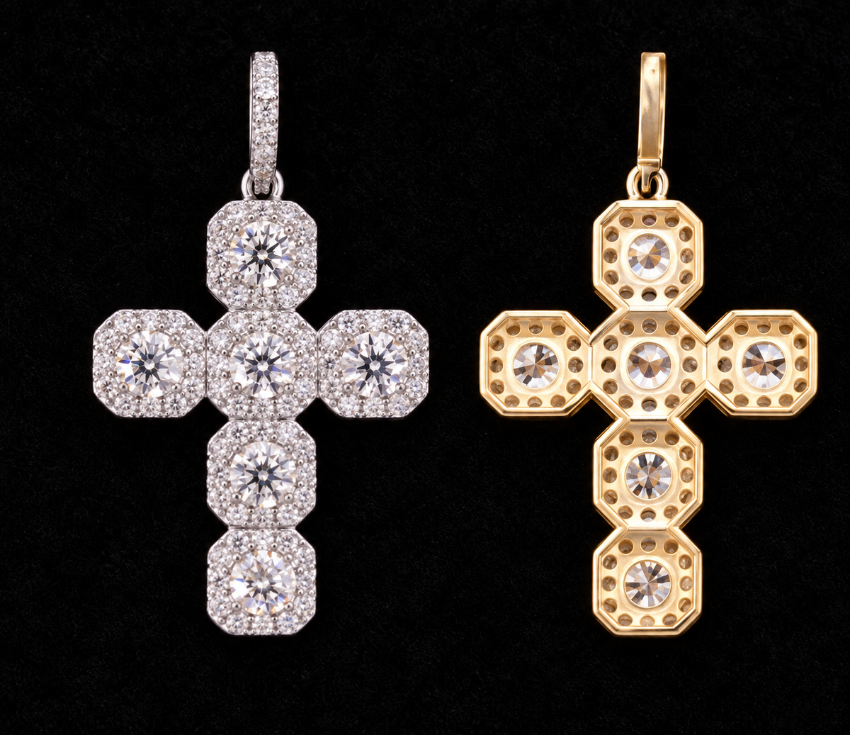 Five-Cluster Cross Moissanite Pendant, front and back views on black velvet