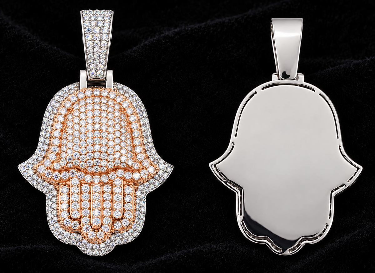 Halo Hamsa Moissanite Pendant on black velvet with clear stone detail