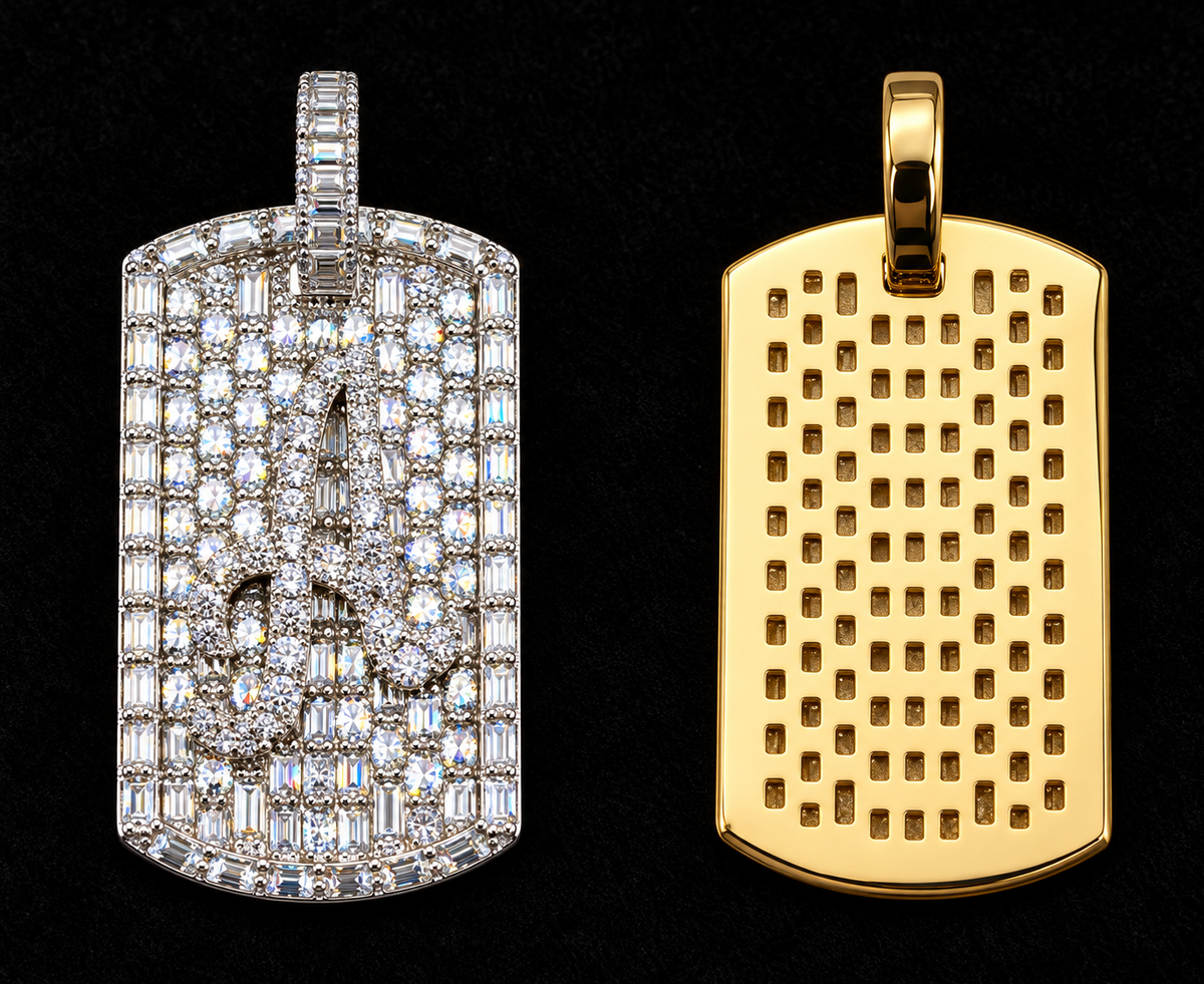 Initial Tag Moissanite Pendant on black velvet with clear stone detail
