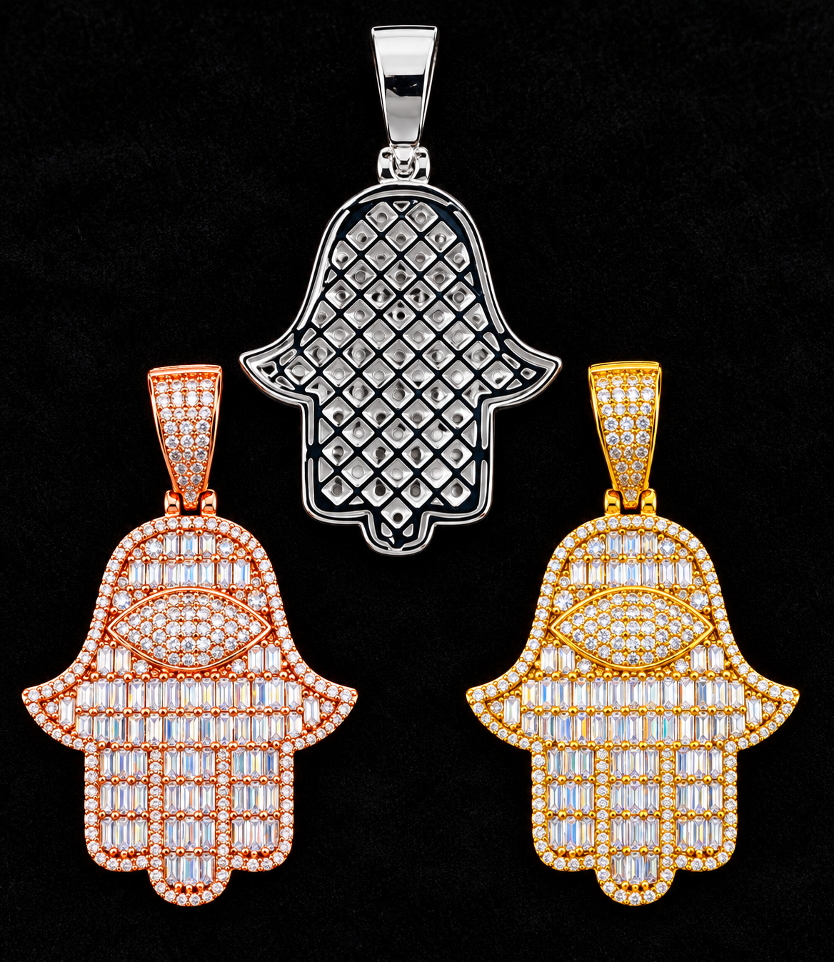 Linear Hamsa Moissanite Pendant on black velvet with clear stone detail