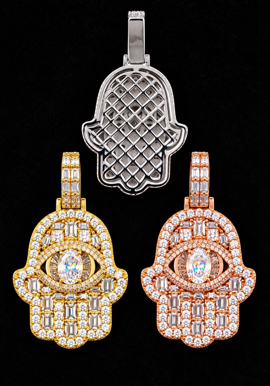 Oval-Eye Hamsa Moissanite Pendant on black velvet with clear stone detail