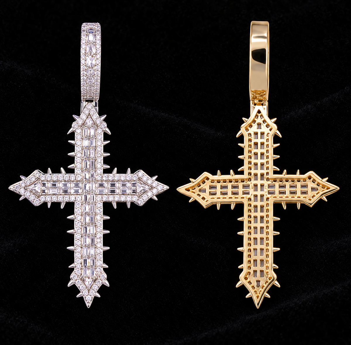 Spiked-Tip Cross Moissanite Pendant on a black velvet background