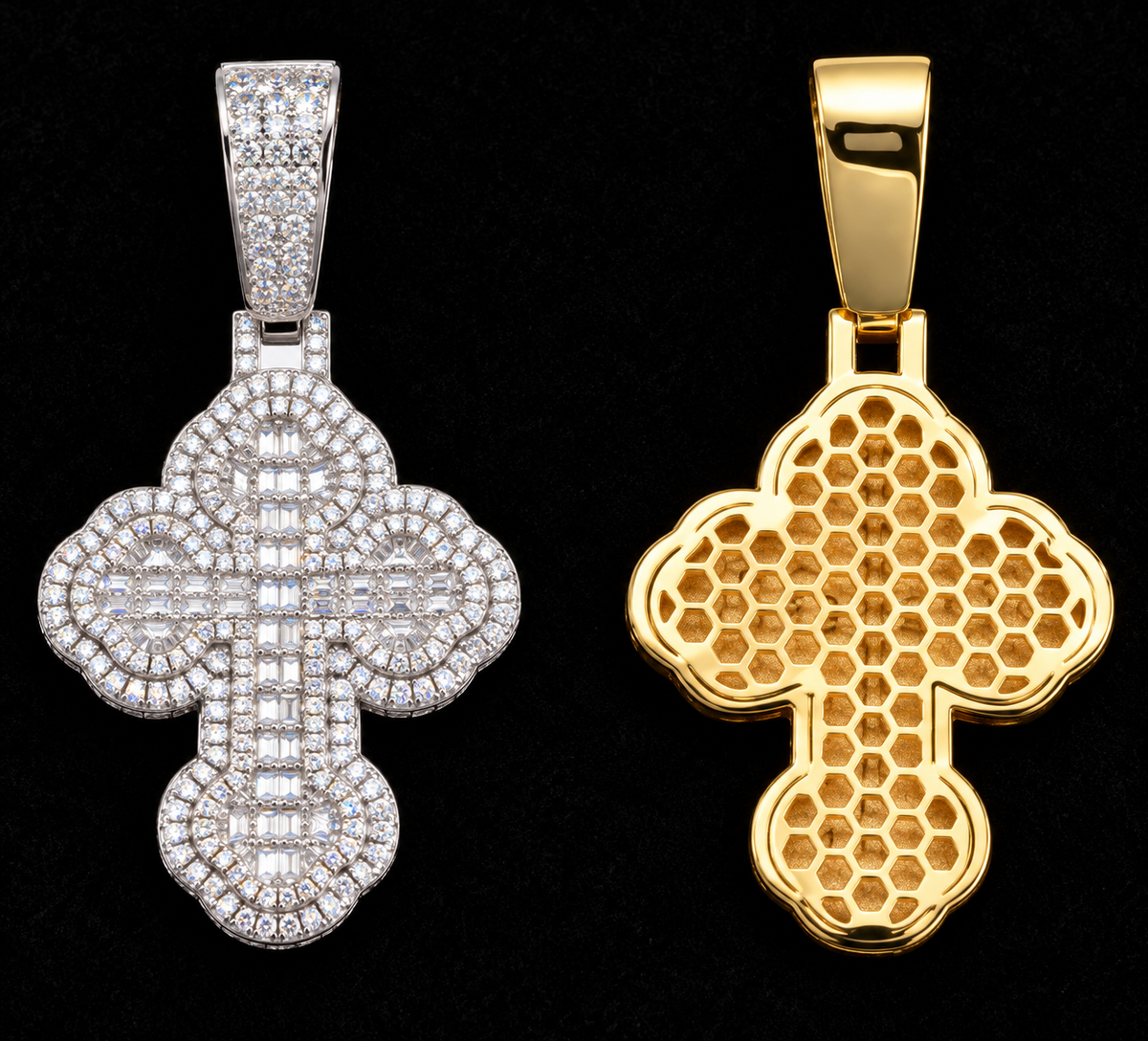 Rounded Mosaic Cross Moissanite Pendant on a black velvet background
