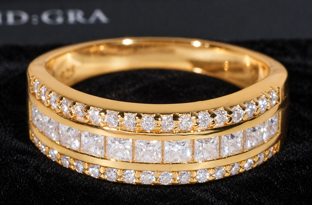 Three-Row Moissanite Band on black velvet