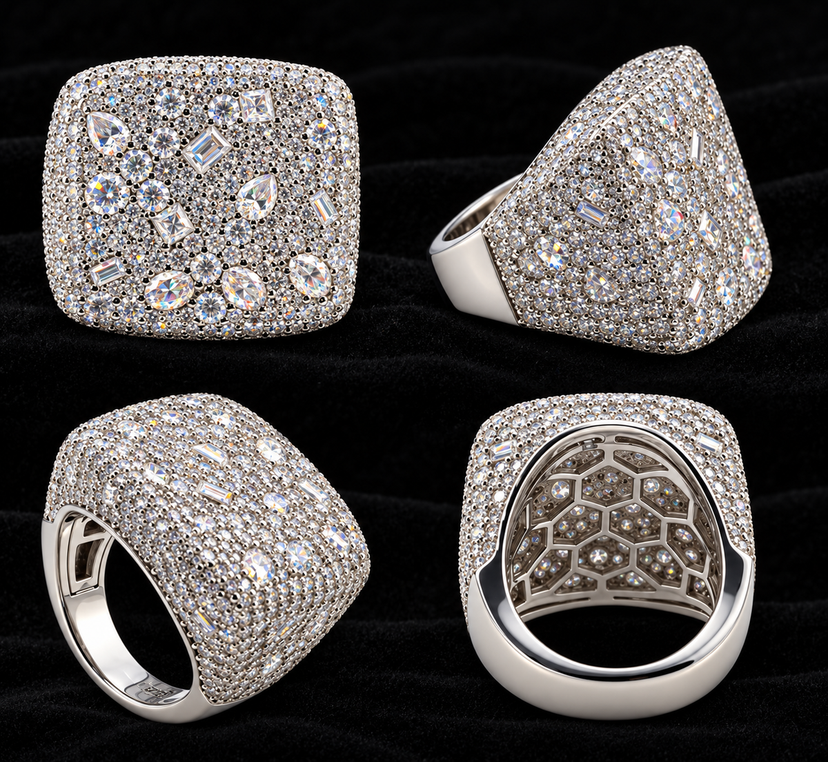 Square Cluster Moissanite Ring on black velvet with clear stone detail