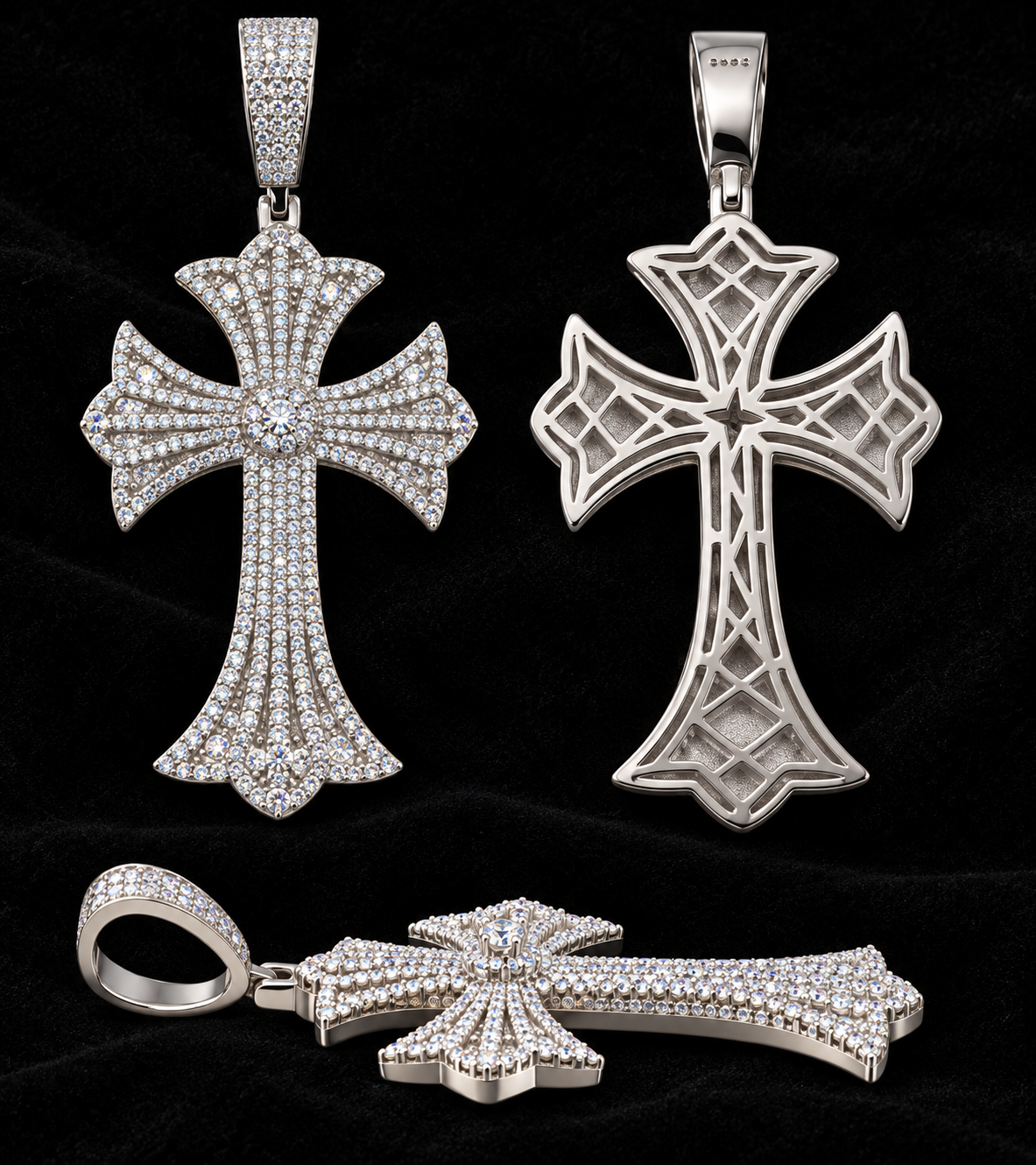 Crowned Arm Cross Moissanite Pendant on black velvet with clear stone detail