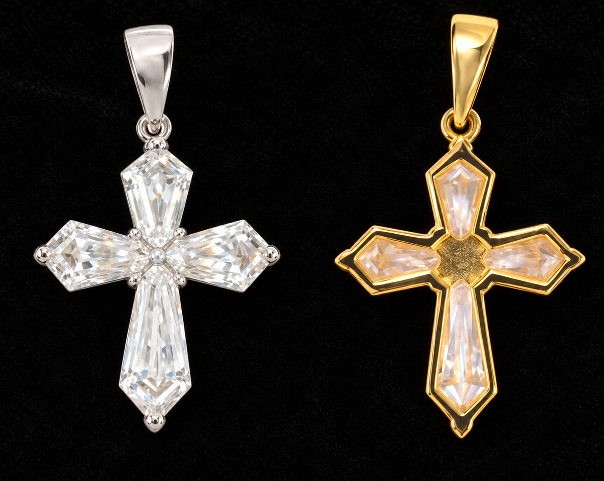 Elongated-Stone Cross Moissanite Pendant on a black velvet background