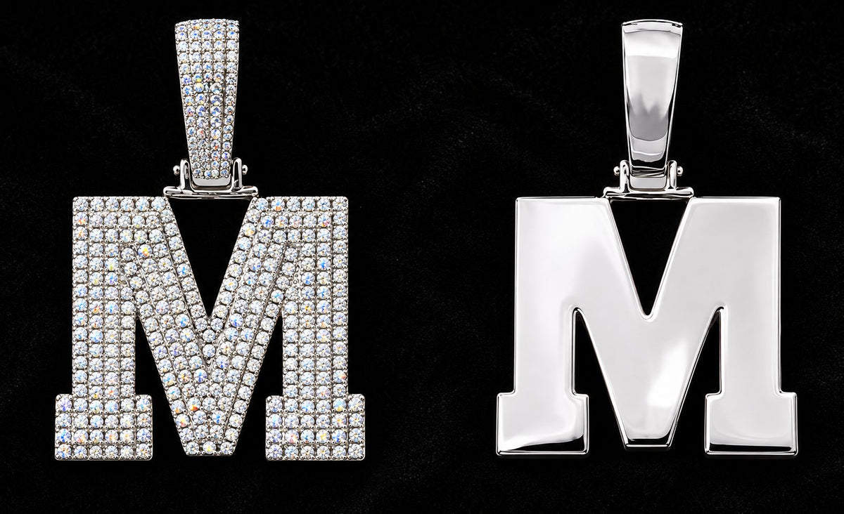Block Initial Moissanite Pendant on a black background