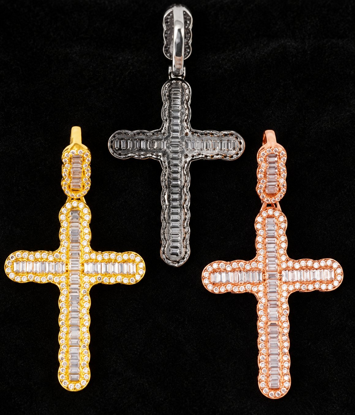 Bordered Cross Moissanite Pendant on a black background