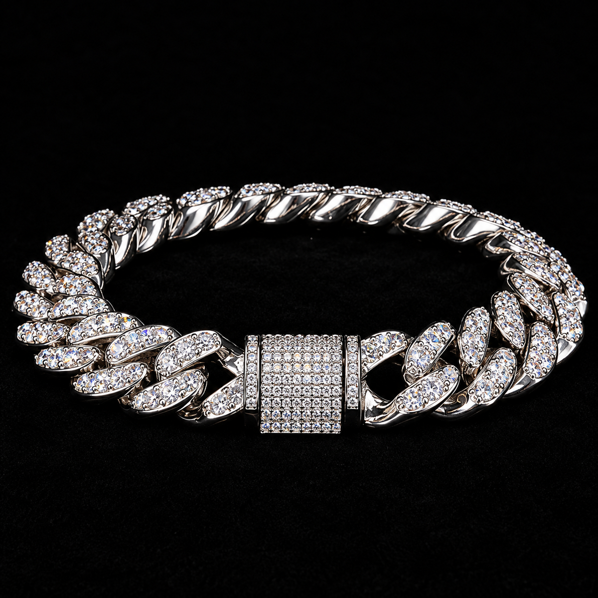 8MM Moissanite Domed Pavé Cuban Link Bracelet – S925 Silver on a black background