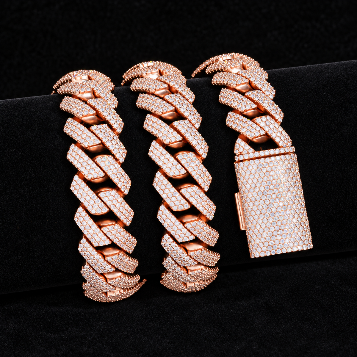 13MM Moissanite Heavyweight Miami Cuban Link Bracelet – S925 Silver in full focus on black velvet