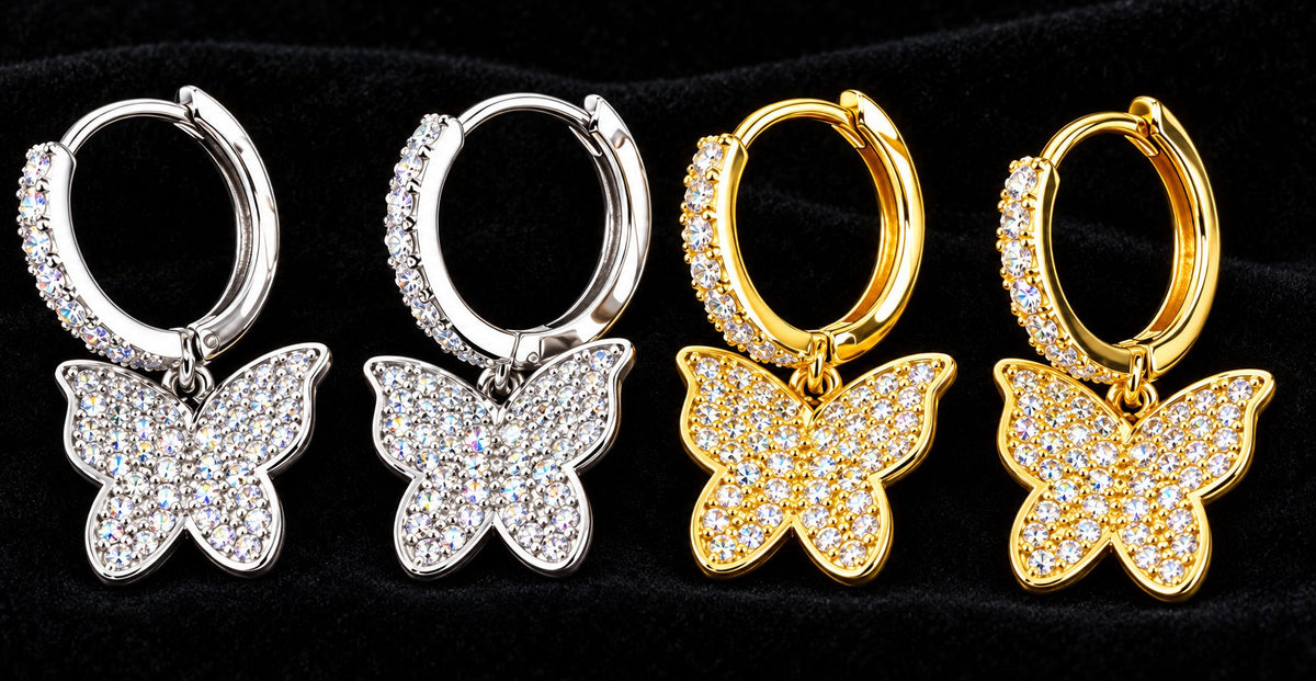 Butterfly Moissanite Drop Earrings on a black background