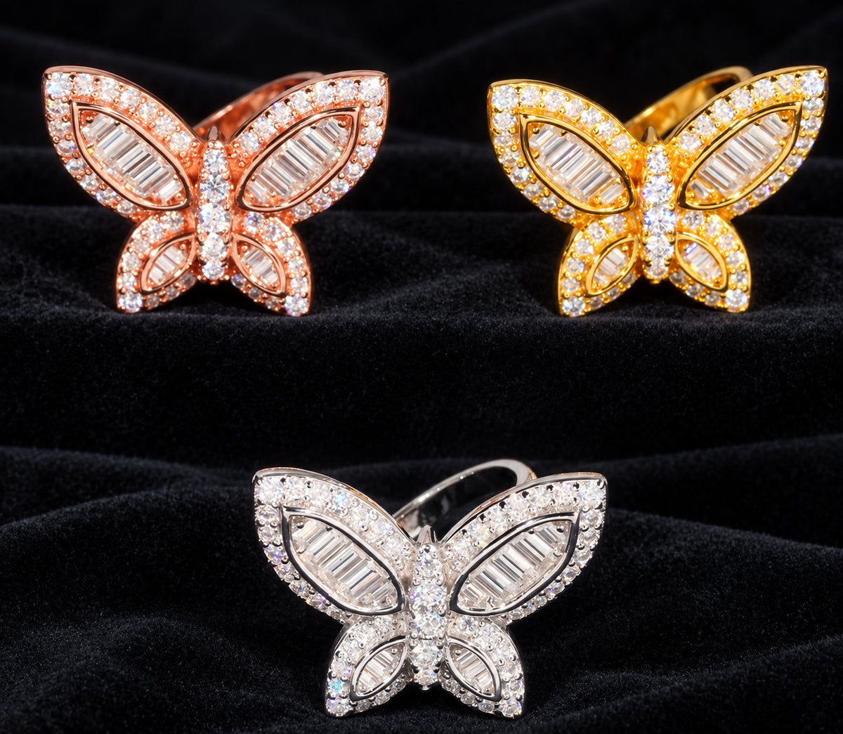 Butterfly Moissanite Ring — original finish on black velvet with moissanite fire