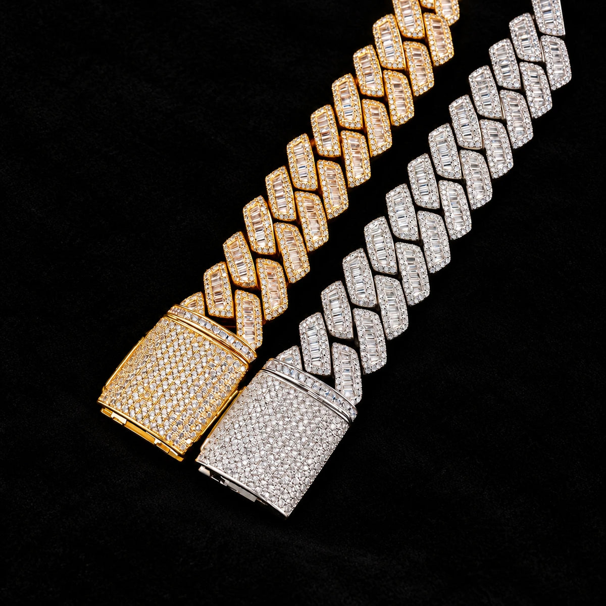 Prong Baguette Cuban Bracelet on a black background