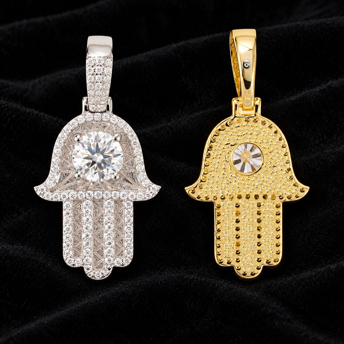 Center-Stone Hamsa Moissanite Pendant on a black background