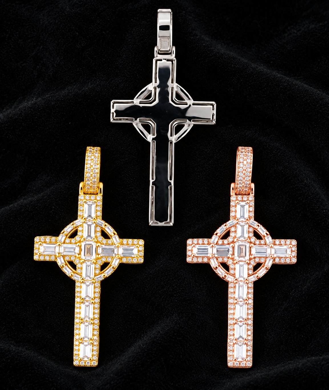 Circle-Frame Cross Moissanite Pendant on a black background