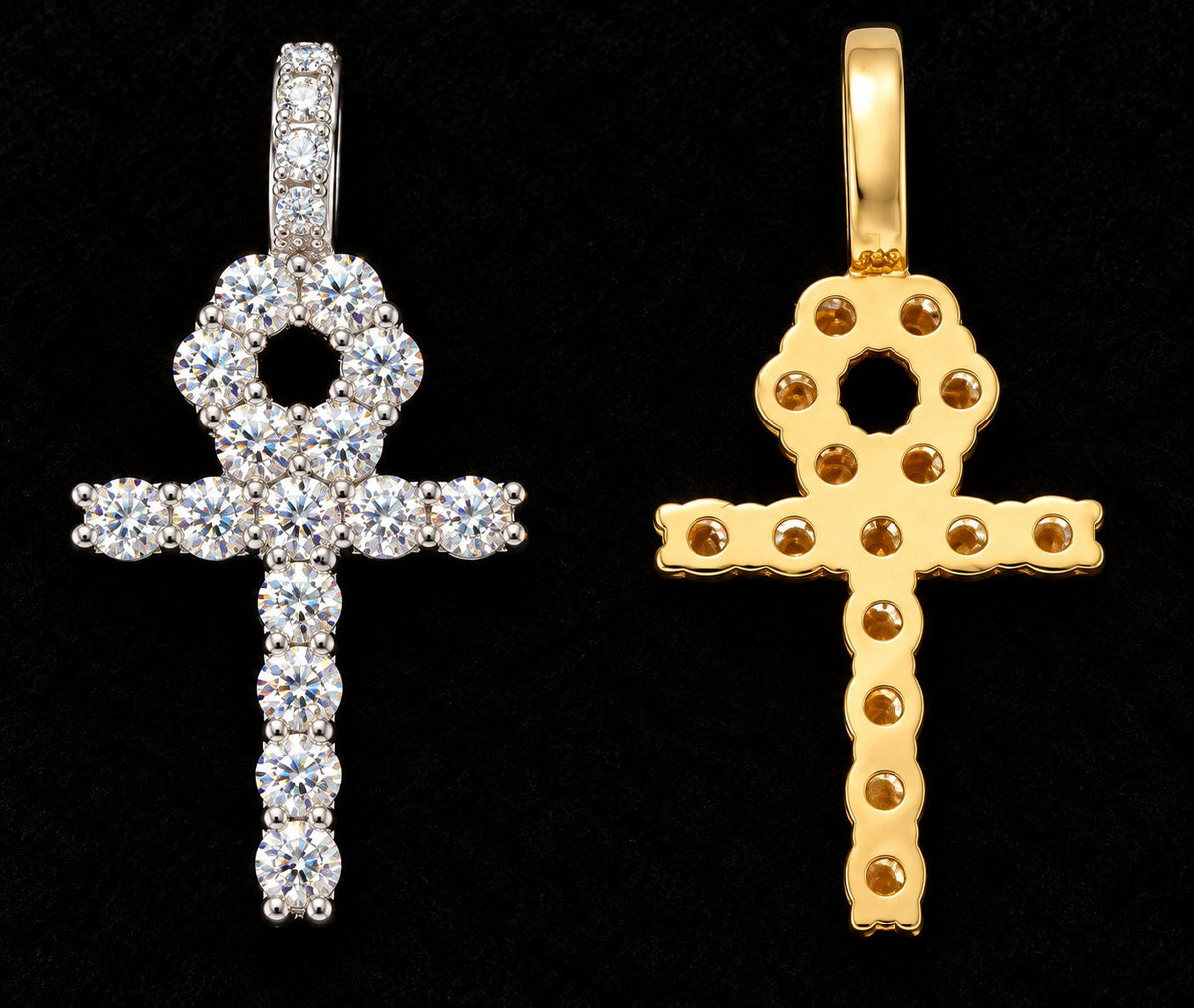 Cluster Crown Cross Moissanite Pendant on a black background