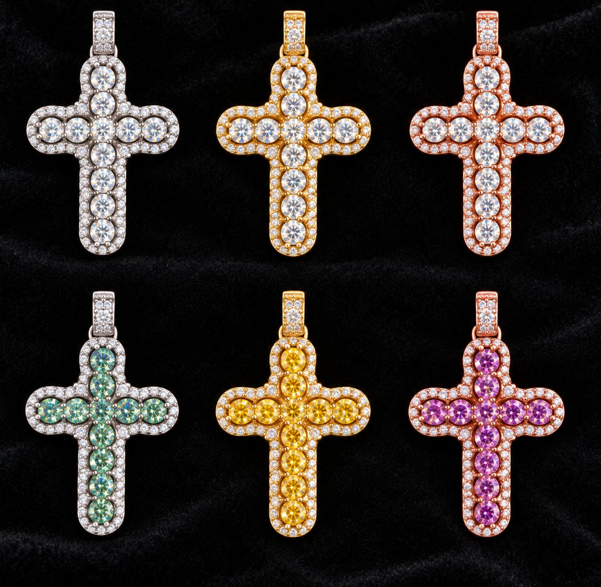 Color Cluster Cross Moissanite Pendant on a black background