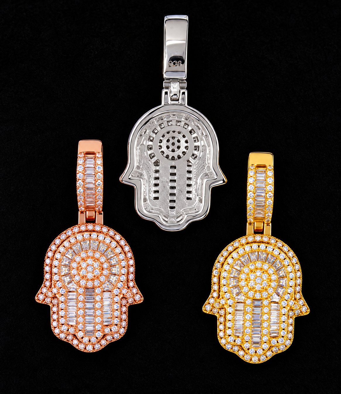 Concentric Hamsa Moissanite Pendant on a black background