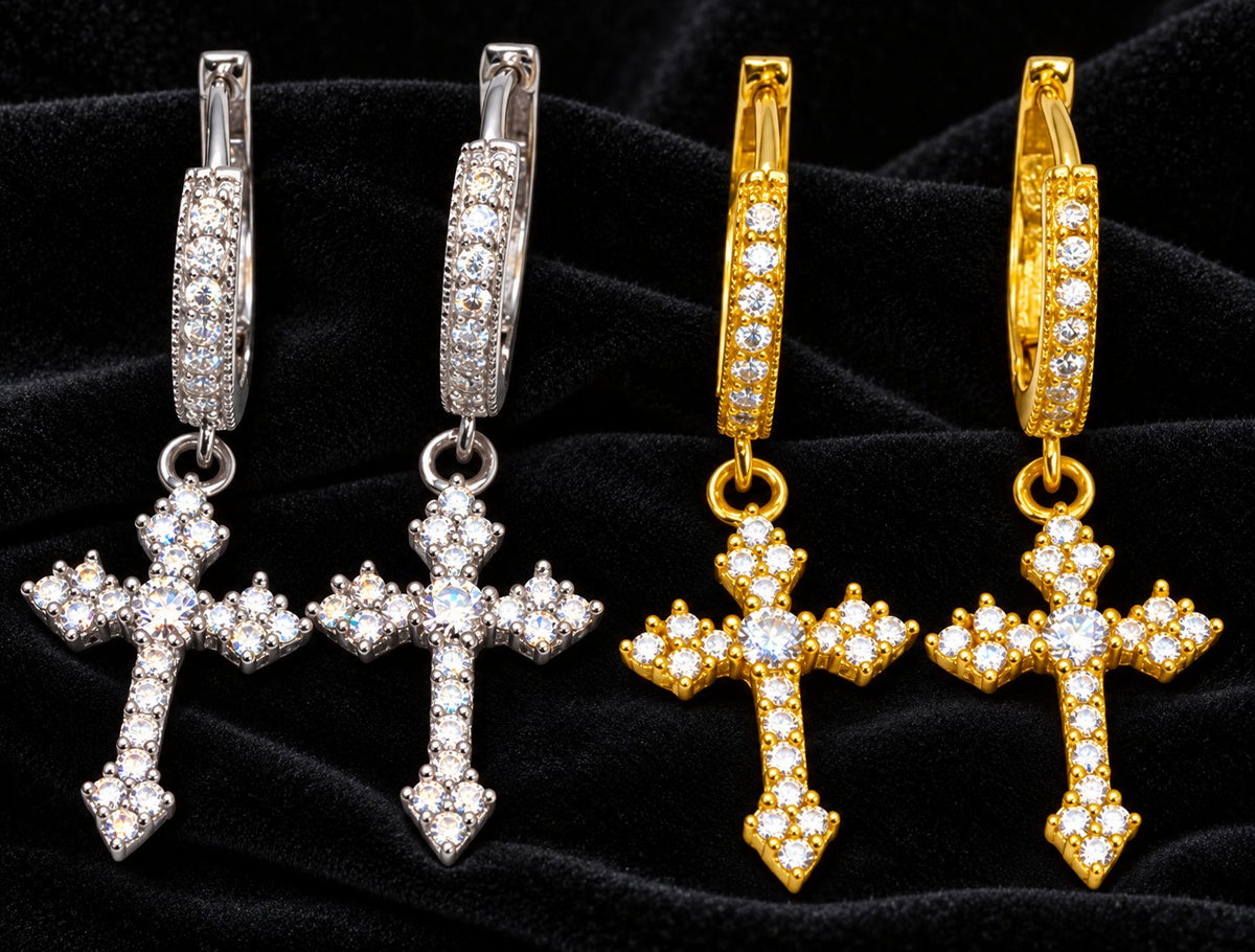 Cross Moissanite Drop Earrings — original finish on black velvet with moissanite fire