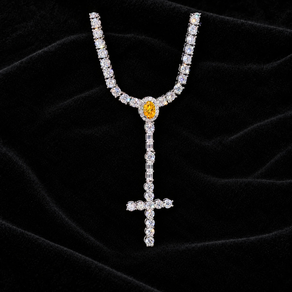 3mm Tennis Cross Y Chain on black velvet, yellow center stone