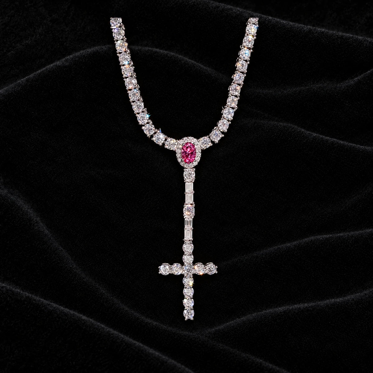 3mm Tennis Cross Y Chain on black velvet, pink center stone