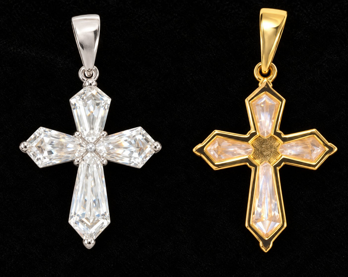 Elongated-Stone Cross Moissanite Pendant on a black background