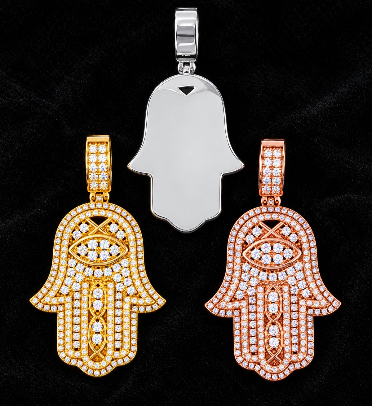 Eye Hamsa Moissanite Pendant on a black background