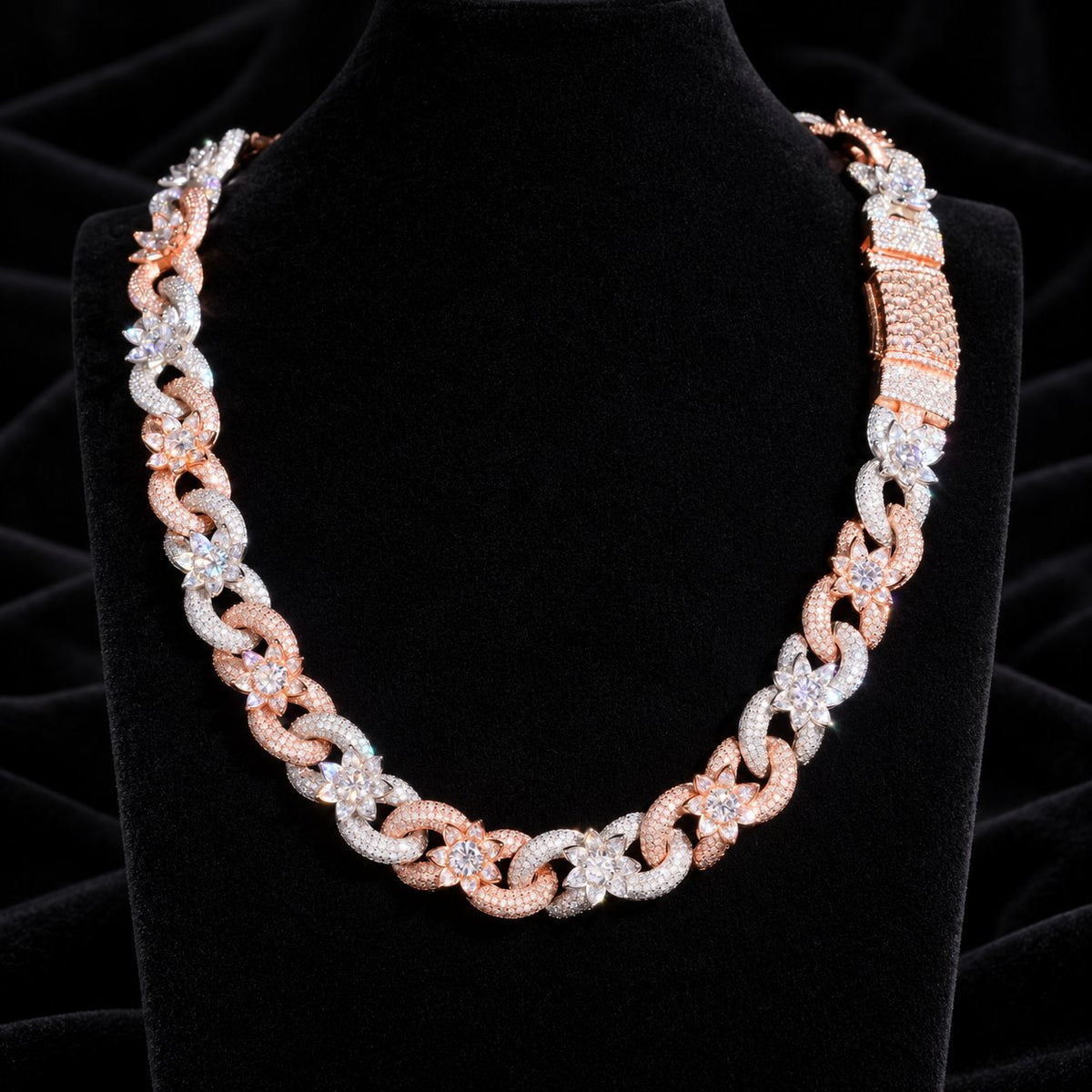 Two-Tone Floral Cuban Chain — original finish on black velvet with moissanite fire