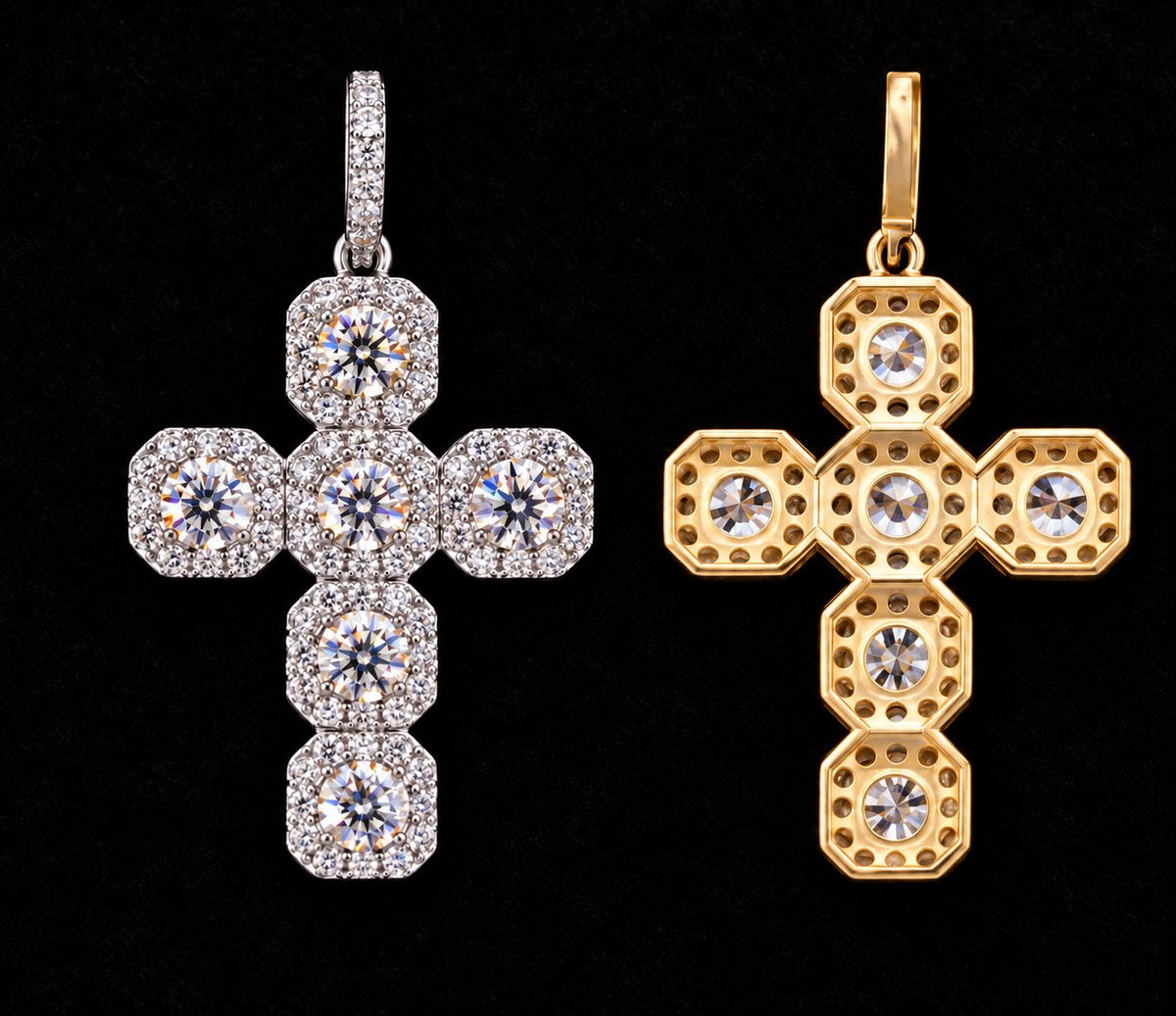 Five-Cluster Cross Moissanite Pendant on a black background