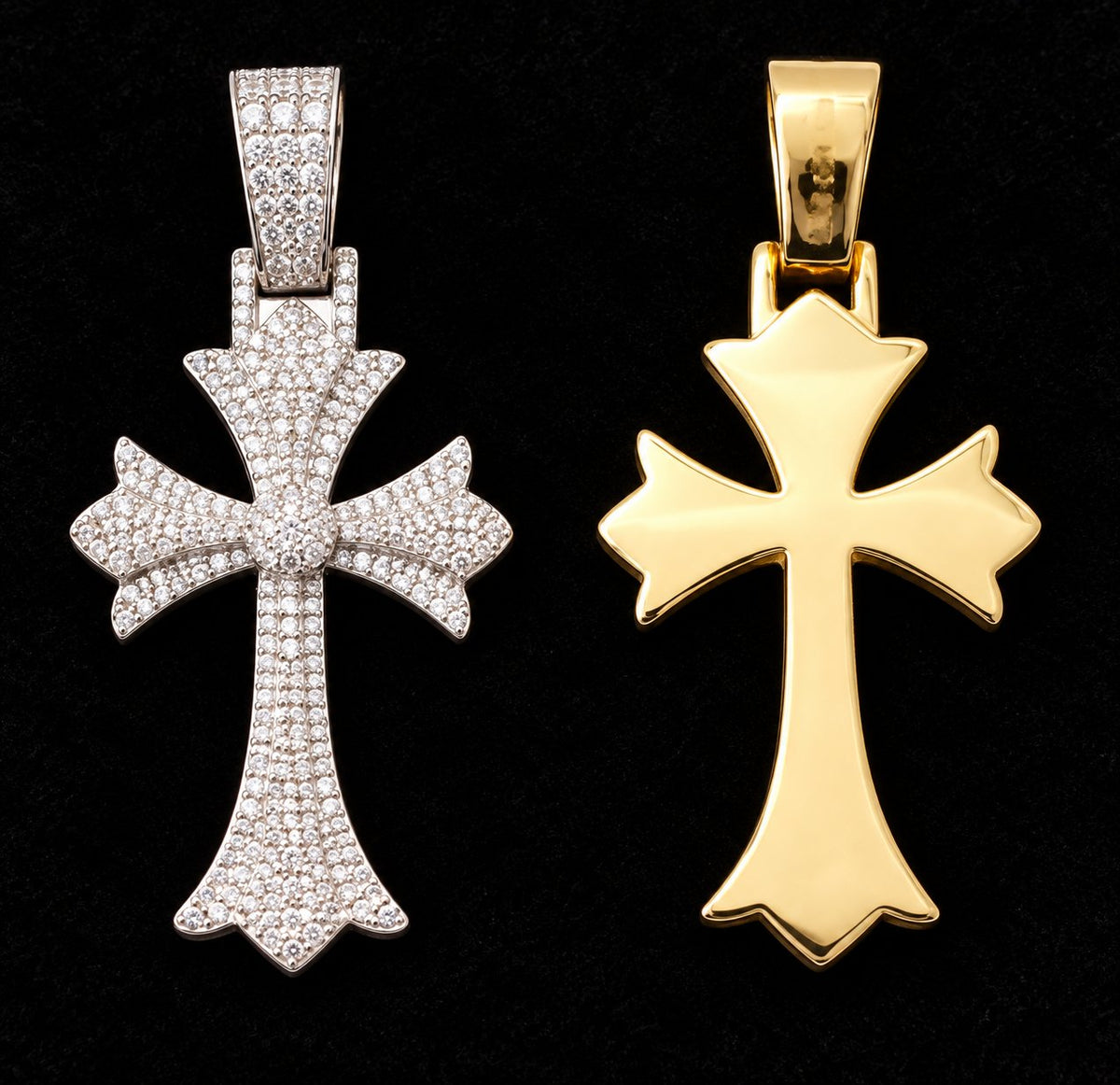 Flared Arm Cross Moissanite Pendant on a black background