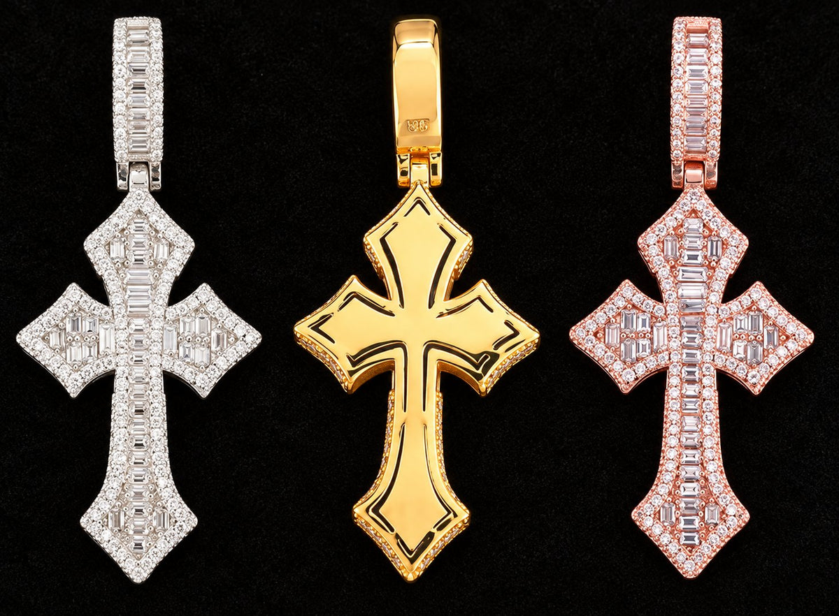 Flared Geometric Cross Moissanite Pendant on a black background