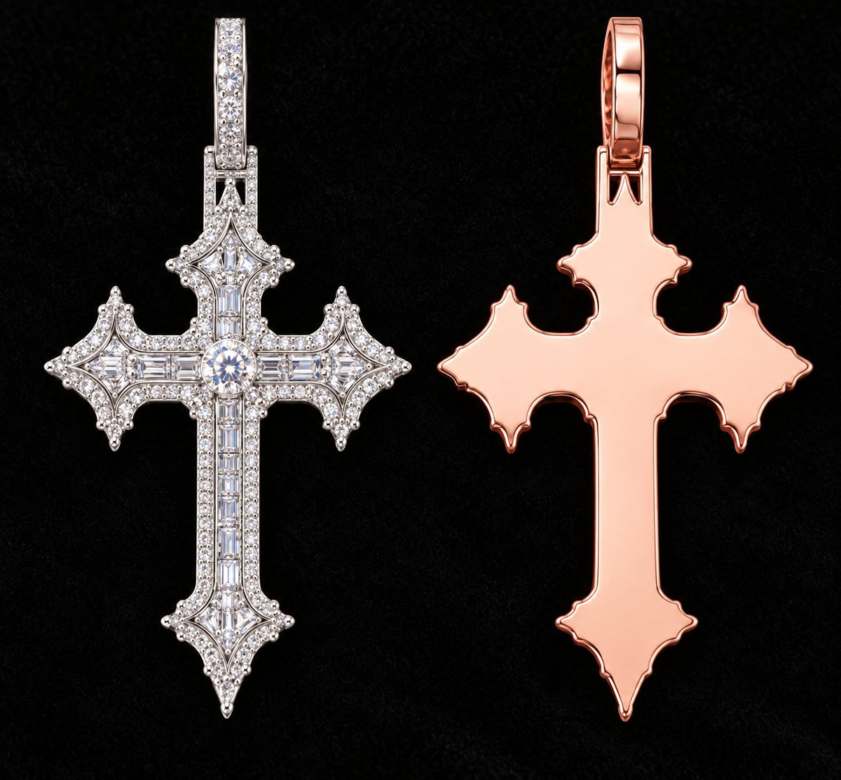 Floral Point Cross Moissanite Pendant on a black background