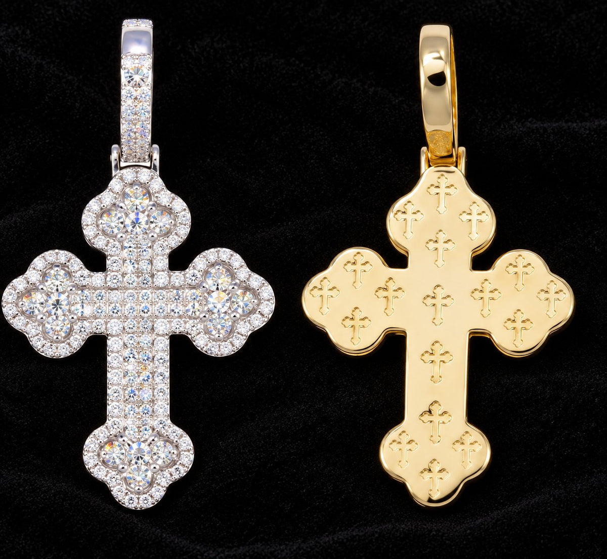 Floral-Tip Cross Moissanite Pendant on a black background