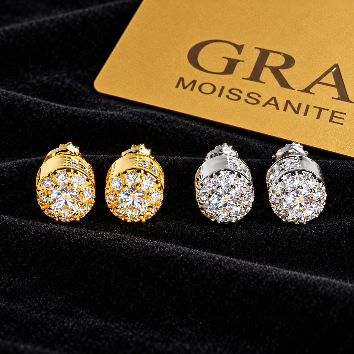Round Cluster Moissanite Stud Earrings on a black background